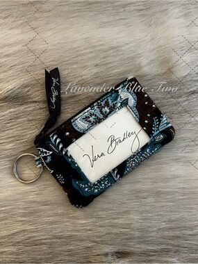 Vintage VERA BRADLEY Java Blue 2006 ID Zip Keyring Luggage Tag Brown Floral Y2K